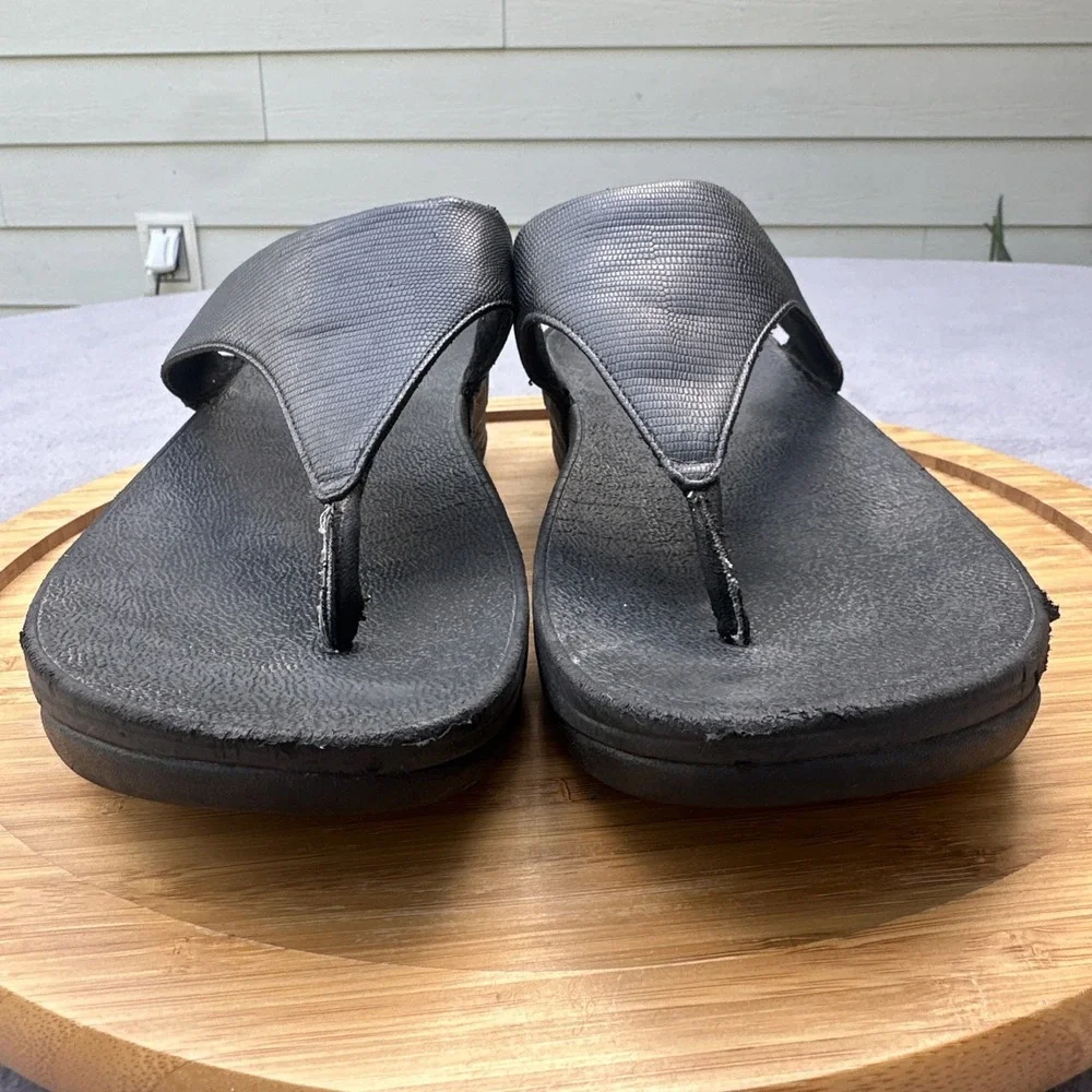 FitFlop Lulu Flip Flops Comfort Sandal Shoes Womens 10 Black Leather Wedge